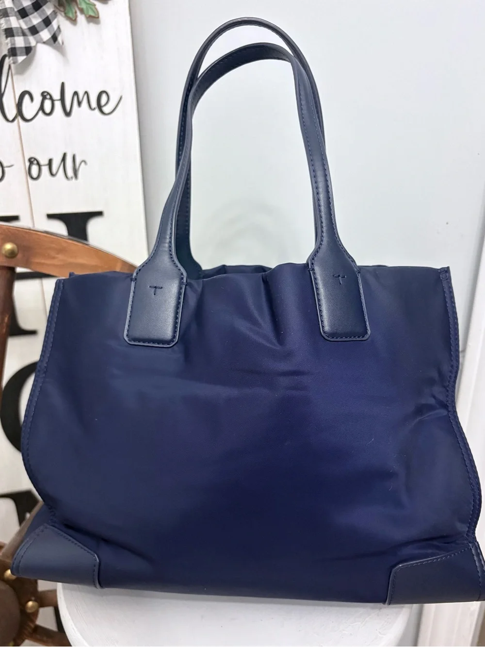 💙 TORY BURCH Dark Navy Ella Nylon Tote with Leather Trim NWOT